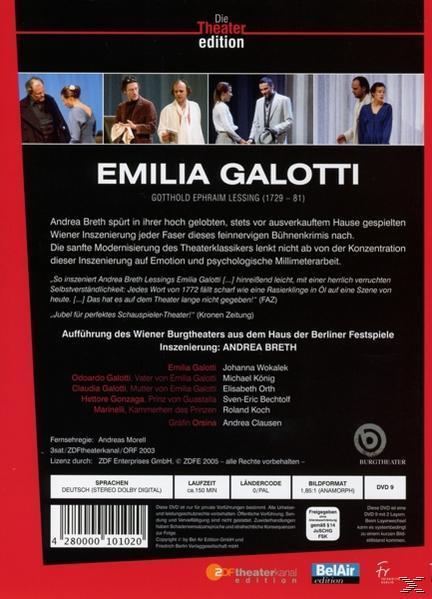 DVD-Rückseite mit Text über das Theaterstück 'Emilia Galotti' und den Darstellern. Roter Hintergrund.