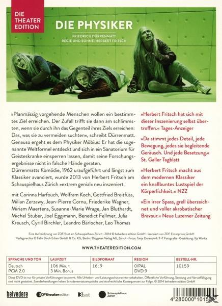 DVD-Hülle für 'Die Physiker'. 3 Personen auf einer Bühne. Text auf Deutsch. Die Theater Edition steht oben.