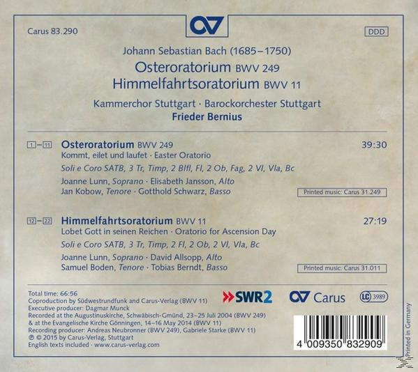 CD-Cover mit Noten und Text auf Deutsch. Die CD trägt die Bezeichnung 'Osteroratorium BWV 249'.