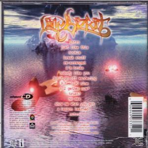 Album-Rückseite mit surrealem Bild und Songtiteln. Text ist in verschiedenen Farben und Schriftarten.