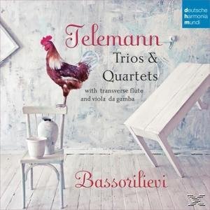 Albumcover mit Hahn, Stuhl und Vasen. Der Text ist Telemann Trios & Quartets.