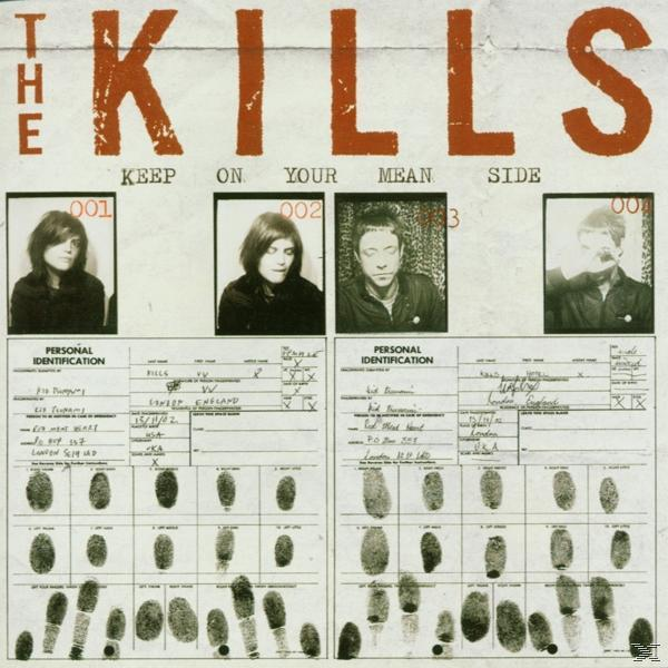 Albumhoes met pasfoto's, vingerafdrukken en tekst, The Kills, Keep On Your Mean Side.