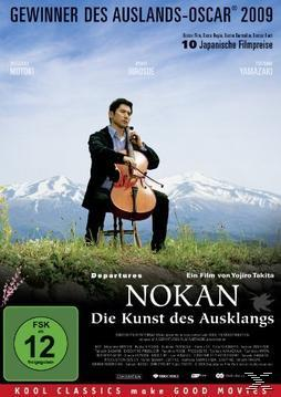 Filmplakat: Ein Mann mit Cello auf einem Hügel, mit Text 'Departures' und 'Nokan'.