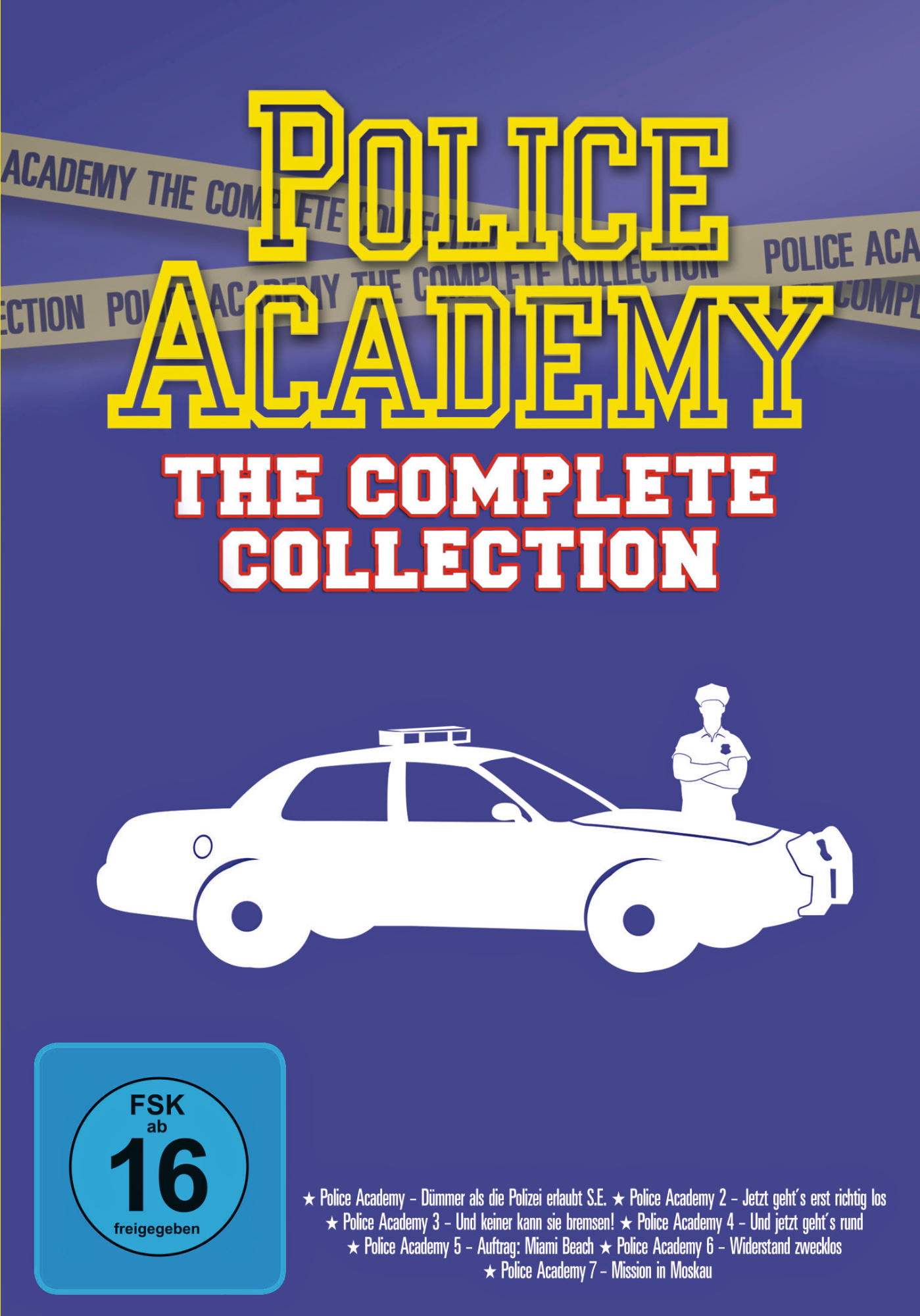 DVD-Cover von "Police Academy" hat eine Polizeiauto-Grafik und den Text "Police Academy The Complete Collection".