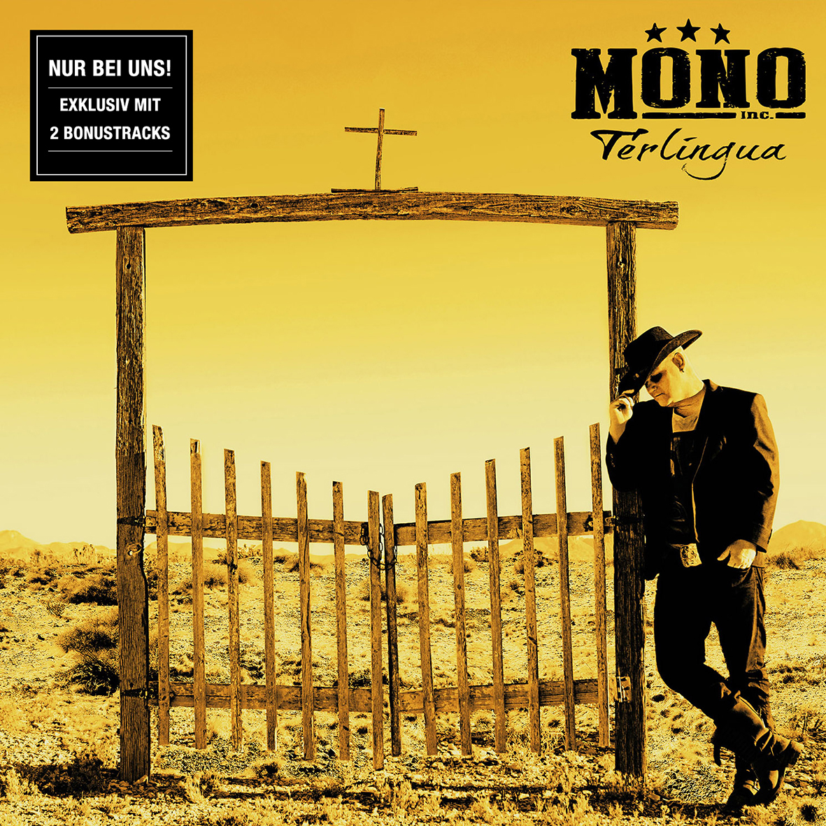 Albumcover mit einem Mann, der sich an ein Tor in einer Wüstenlandschaft lehnt.