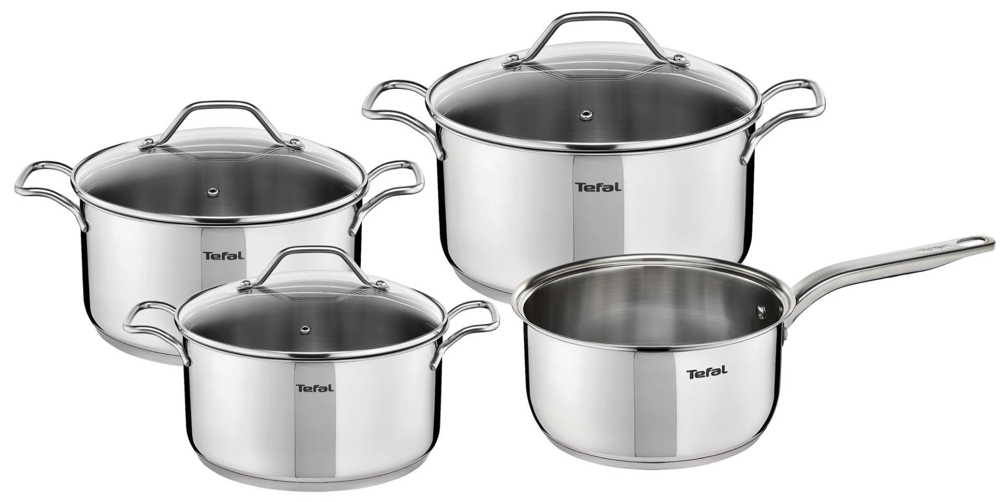 Edelstahltöpfe mit Glasdeckeln. Vier Töpfe verschiedener Größen, mit der Marke 'Tefal' gekennzeichnet.
