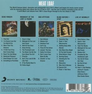 Rückseite eines Meat Loaf CD-Covers mit Titellisten und Albumcovern. Blauer Hintergrund mit Text.
