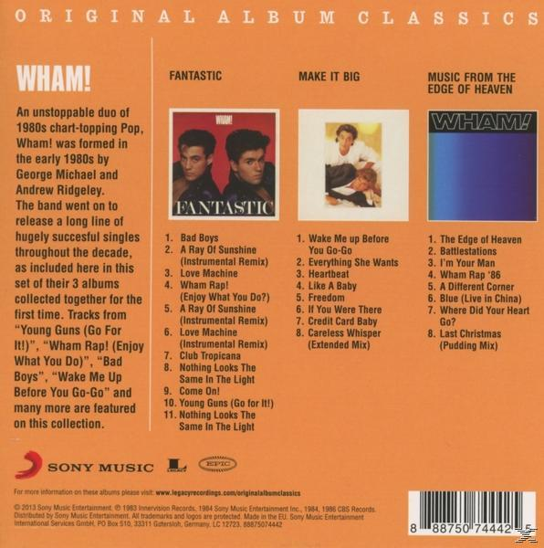 Wham!-Albumcover mit Auflistung der Musiktitel. Enthält Bandmitglieder und Albumcover.