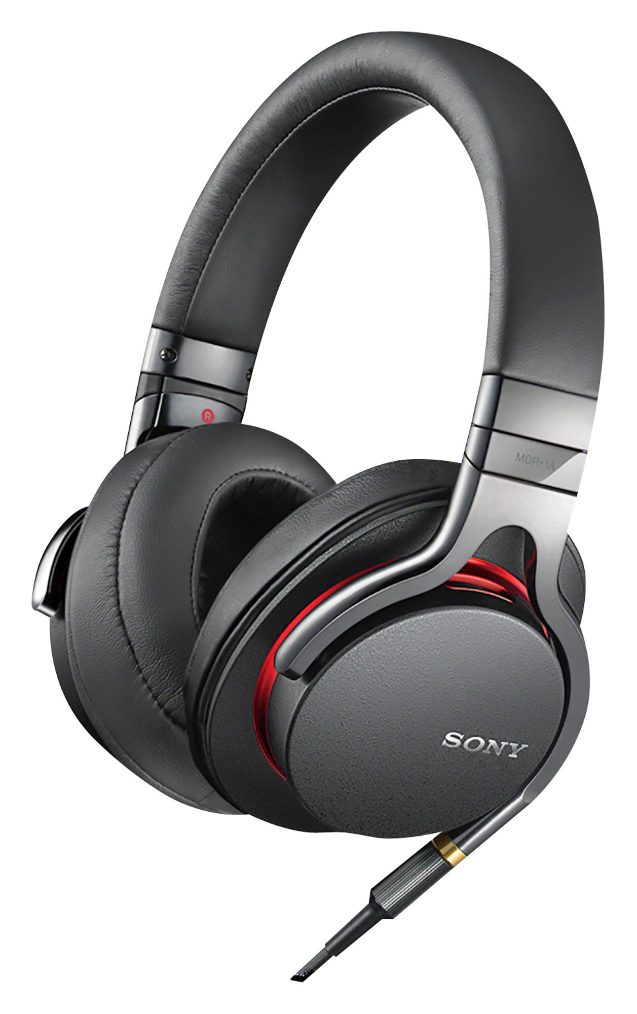 Schwarze Sony-Kopfhörer mit silbernen und roten Akzenten. Ein Kabel erstreckt sich von unten.
