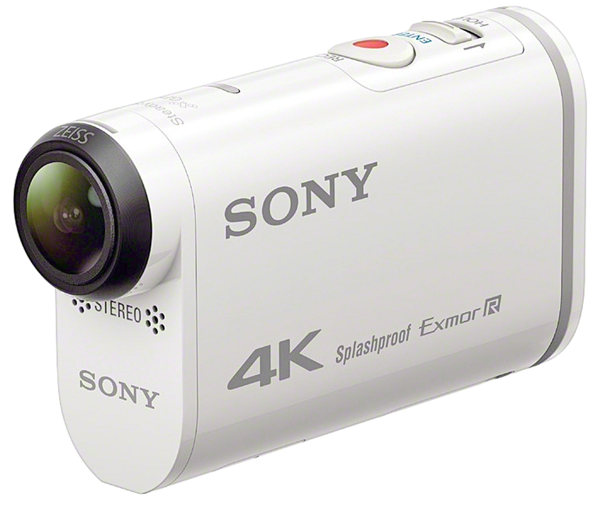 Fehér Sony 4K akciókamera fekete díszítésekkel, Sony és 4K Splashproof Exmor R feliratokkal.