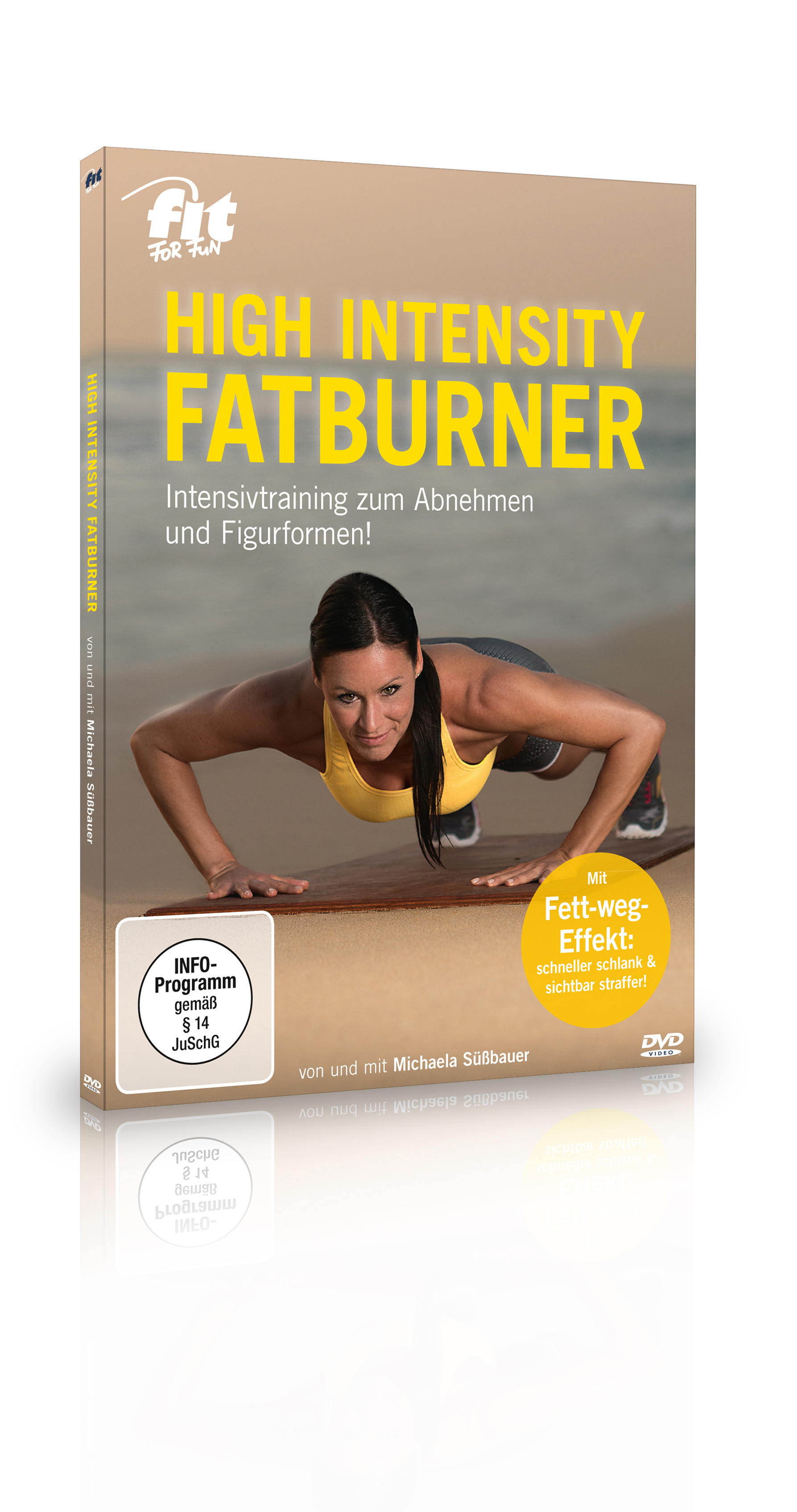 DVD-Cover. Eine Frau in einem gelben Oberteil macht Liegestütze am Strand, mit Text.