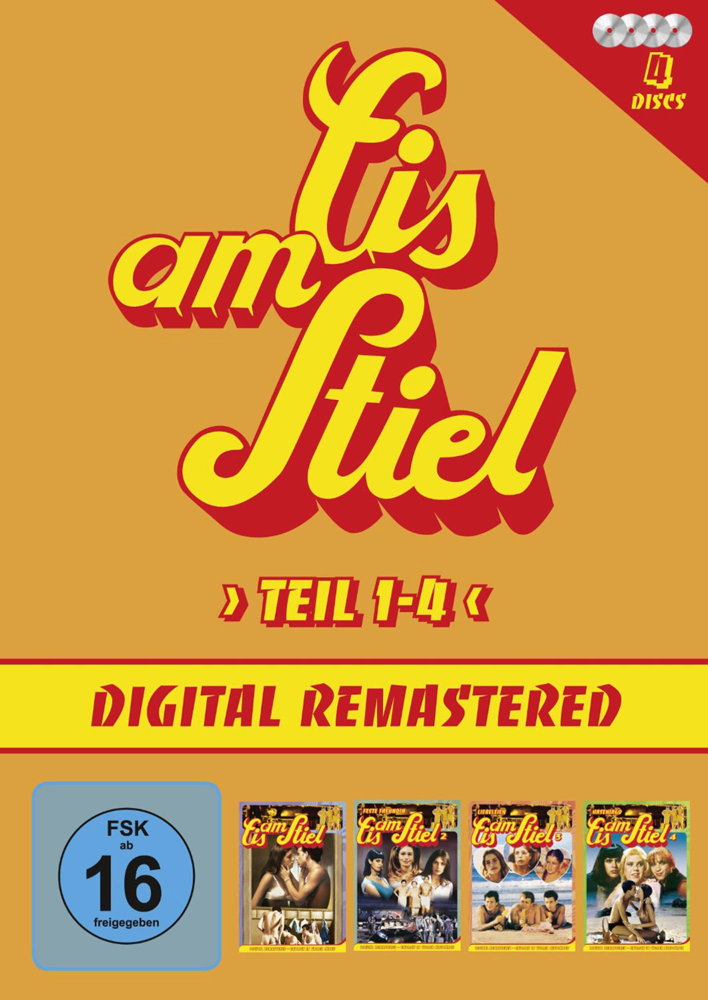 DVD-Cover mit dem Titel 'Eis am Stiel'. Es zeigt die Cover der vier Filme auf gelbem Hintergrund.