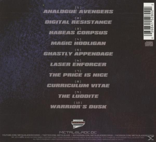 CD-Rückseite mit Titeln. Metal Blade Records Logo und Text.