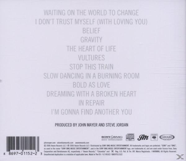 Albumrückseite mit Songtiteln. Produziert von John Mayer und Steve Jordan. Sony BMG und Aware Records Logos.