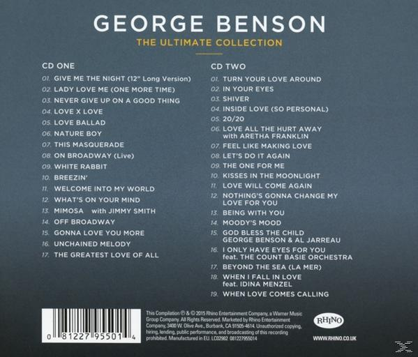 CD borítója 'George Benson The Ultimate Collection' címmel. Két dal lista látható.