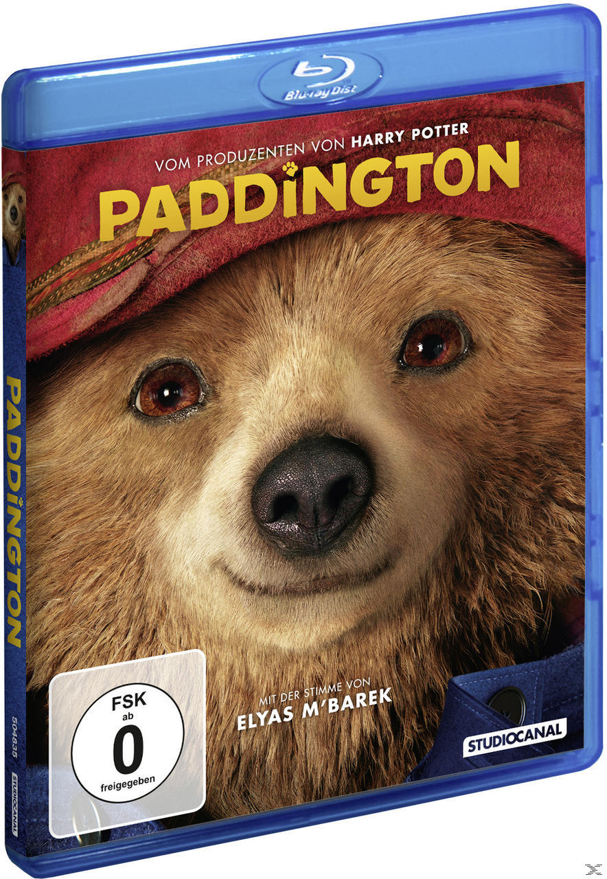 Paddington Blu-ray-Cover mit Paddington Bär mit rotem Hut, und die blaue Hülle.