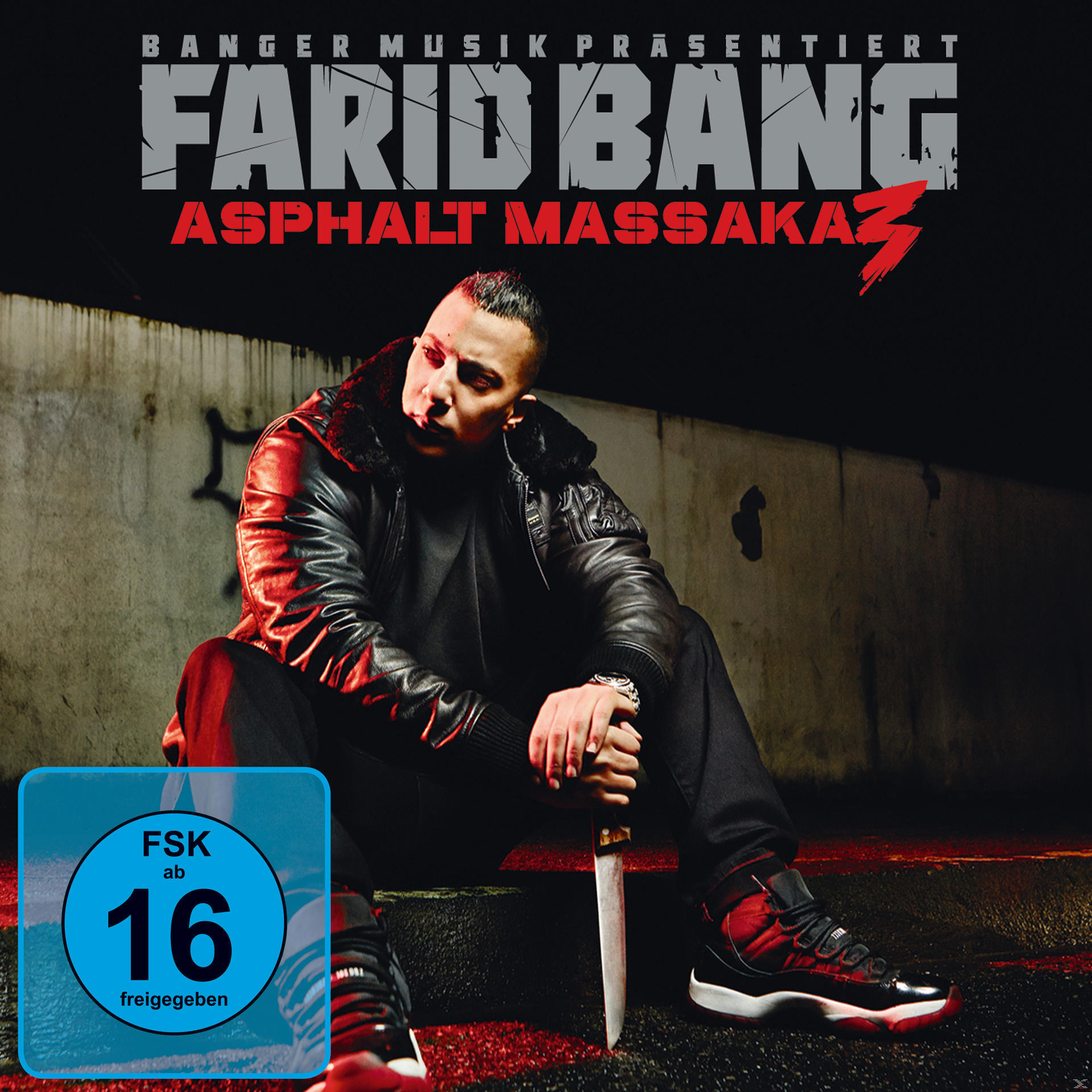 Albumcover: Mann mit Messer, trägt schwarze Lederjacke. Text: Farid Bang, Asphalt Massaka.