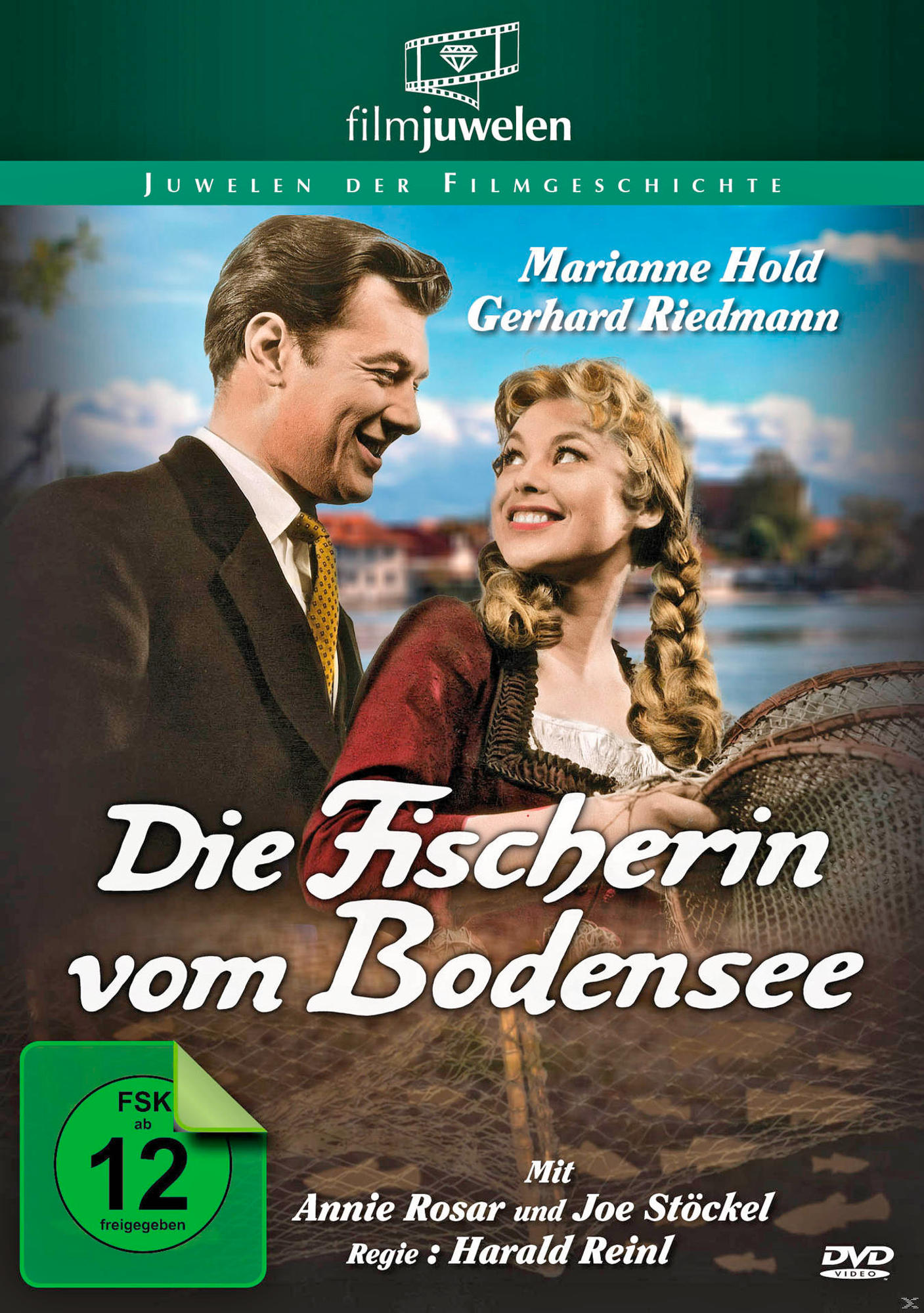 DVD-Cover: Ein Mann und eine Frau lächeln, mit Seeblick im Hintergrund. Titel: Die Fischerin vom Bodensee.