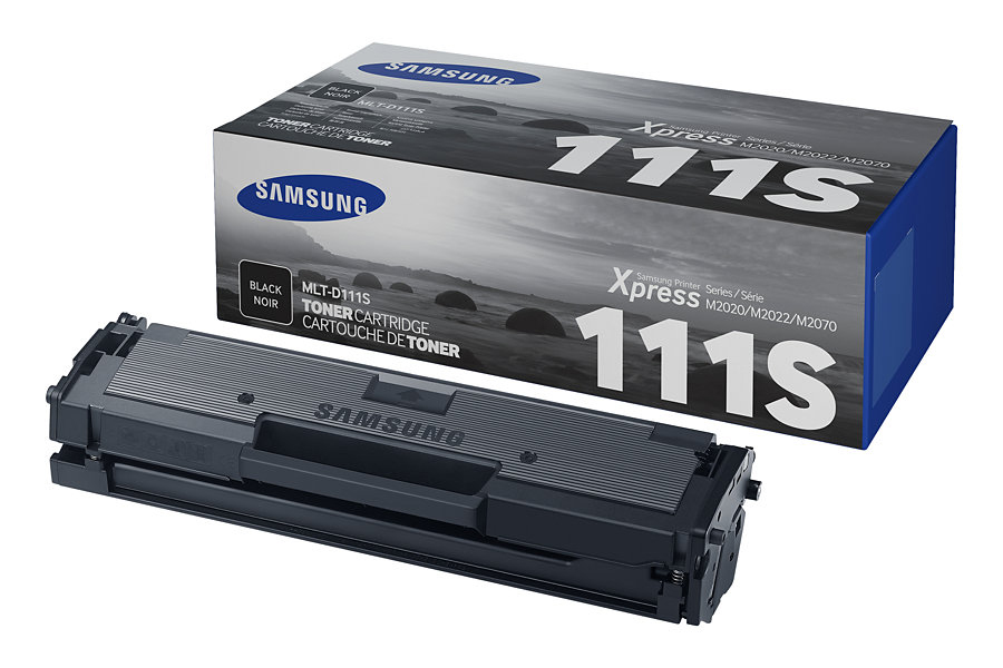 Cartouche de toner et boîte. La boîte porte le logo et le texte Samsung. La cartouche est noire.