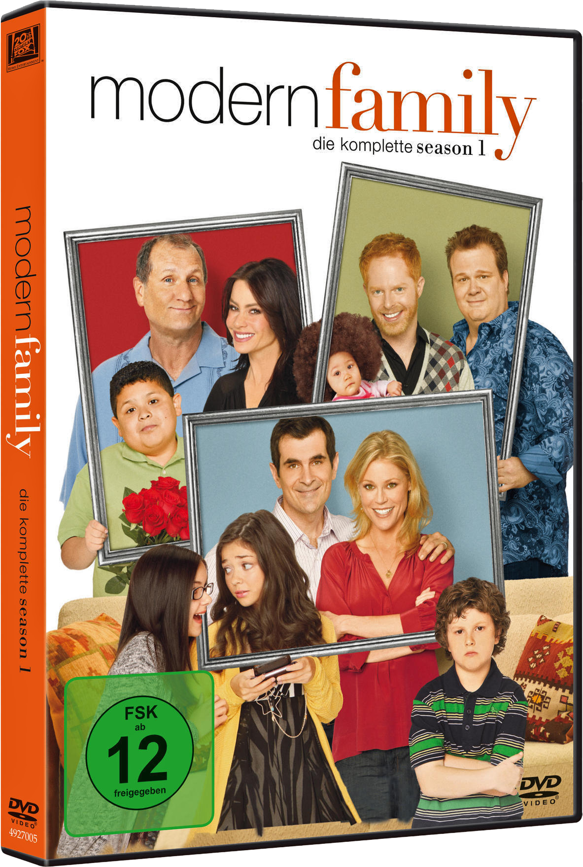 DVD-Cover für Modern Family. Gruppenbild der Darsteller in Rahmen. Text und Logos befinden sich an den Seiten.