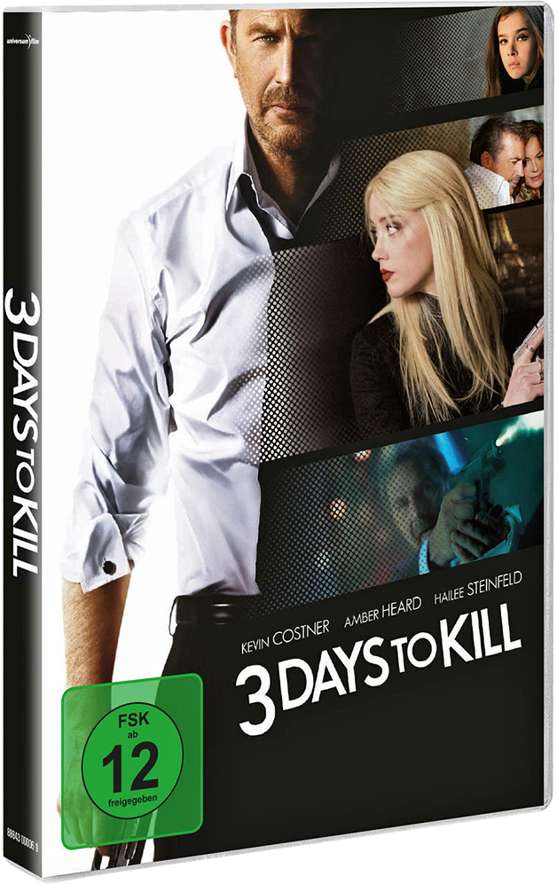 3 Days to Kill Filmcover. Kevin Costner steht im Mittelpunkt. Amber Heard ist rechts. Ein Rating-Abzeichen ist da.