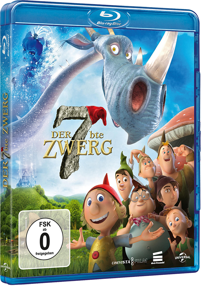 Filmcover. Animierte Zwerge und ein Nashorn. Titel: Der 7. Zwerg.