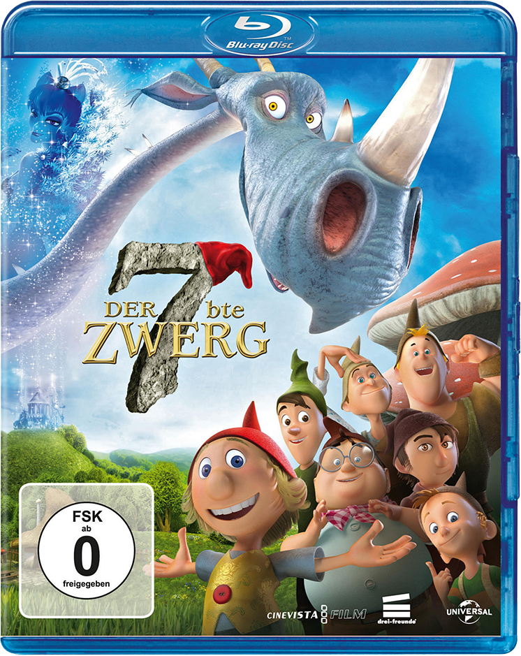 DVD-Cover für Der 7bte Zwerg. Cartoon-Zwerge sind unten. Ein Schloss ist oben links.