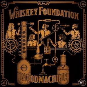Albumcover mit Steampunk-Design. Goldene Zahnräder und Rohre umgeben Figuren. Der Titel ist 'The Whiskey Foundation'.