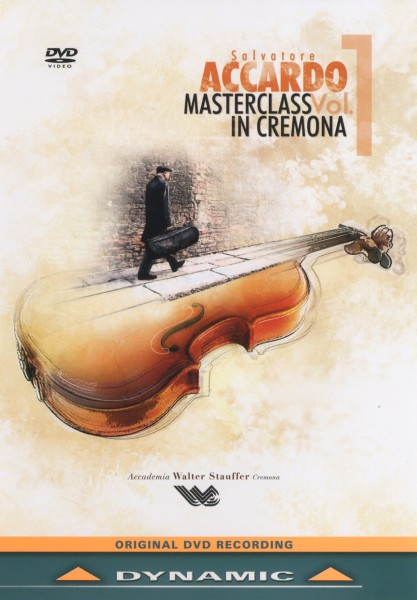 DVD-Cover: Accordo Masterclass Vol.1, eine Geige und ein Mann mit Koffer geht.