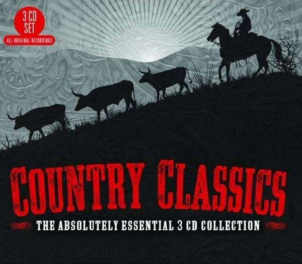 A 'Country Classics' borítója cowboyokkal, bikákkal és naplementével. A szöveg piros.