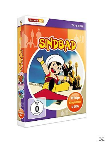 DVD-Hülle für die Zeichentrickserie Sindbad, mit einer Cartoon-Illustration der Figur auf dem Cover.