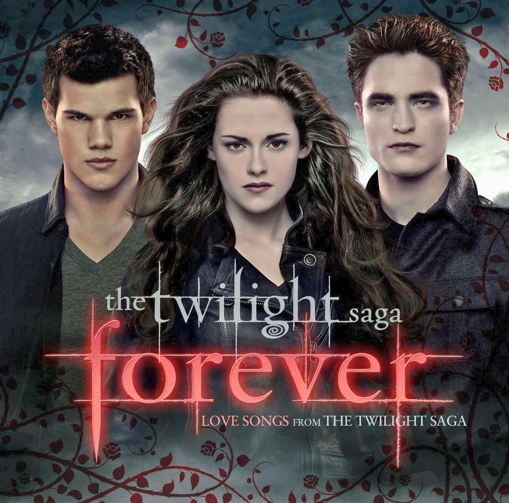 The Twilight Saga: Forever-Filmplakat mit 3 Schauspielern und dem Titel in Rot.