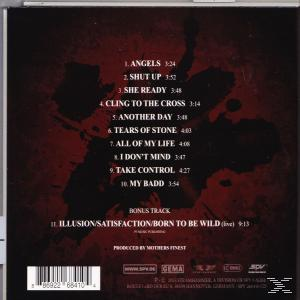 Album-Rückseite mit Trackliste. Roter Hintergrund mit schwarzem Spritzeffekt. Der Albumtitel ist nicht sichtbar.