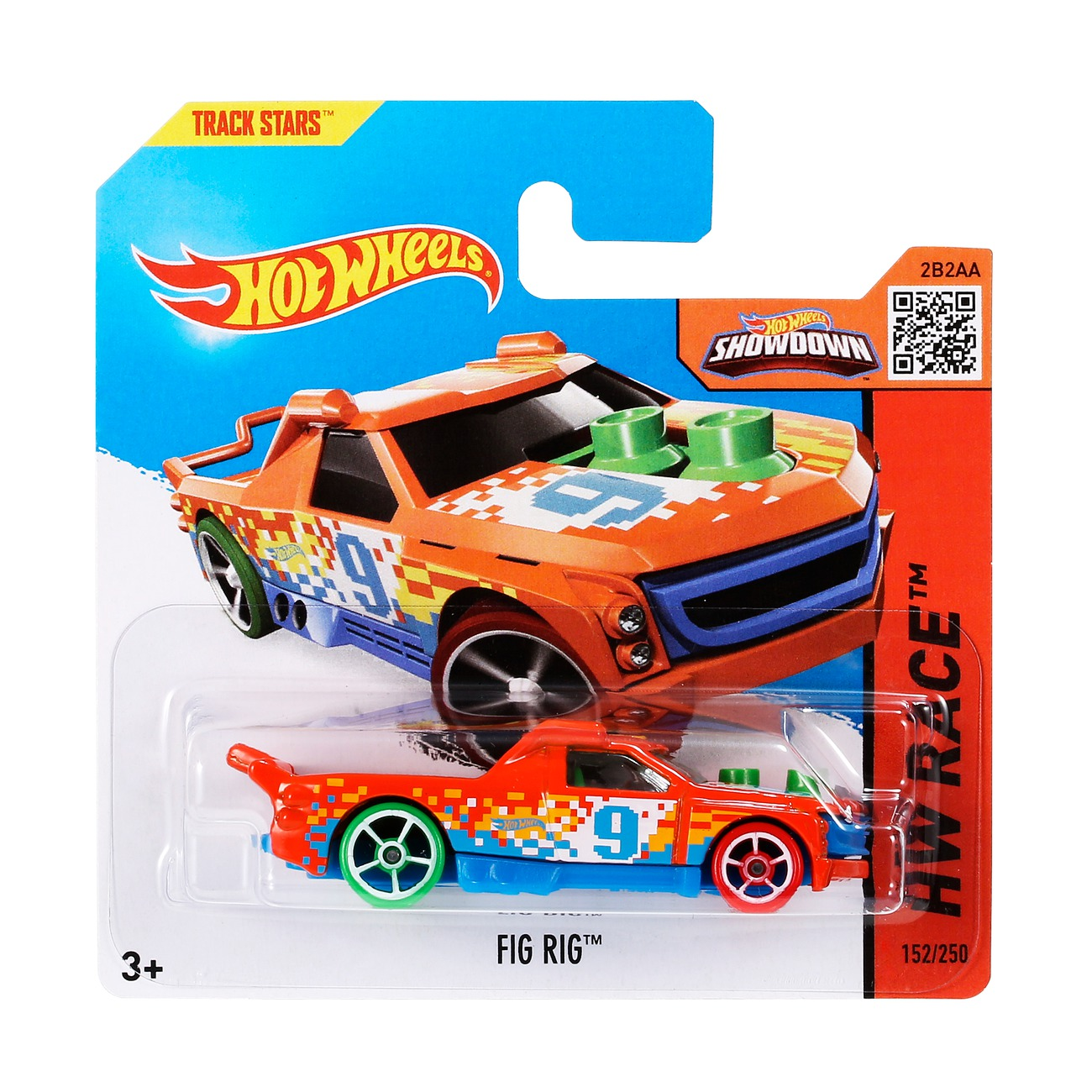 Hot Wheels Spielzeugauto. Orangefarbener und blauer Truck mit der Nummer 9 in einer Plastikverpackung.