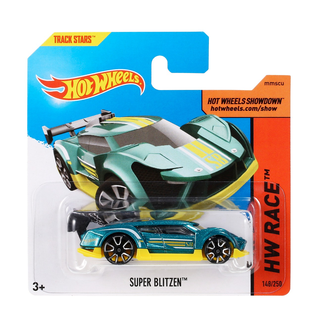 Hot Wheels Super Blitzen Auto in Verpackung. Grün-gelbes Auto auf einer Karte.