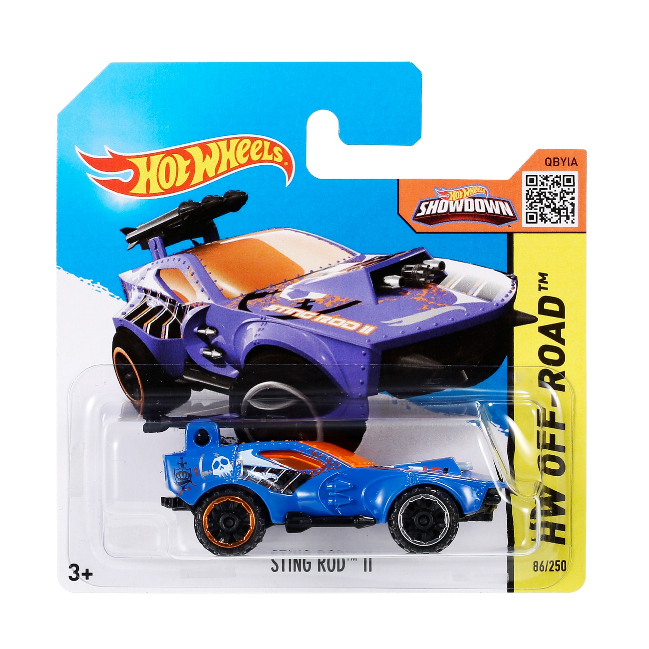 Ein Hot Wheels Spielzeugauto in seiner Verpackung, das ein blaues und oranges Auto zeigt.
