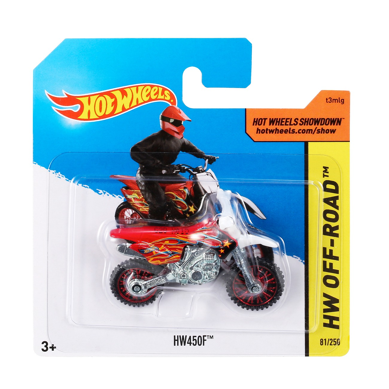 Hot Wheels Motorradspielzeug in einer Verpackung, rot-weißes Design, mit Fahrer in schwarzer Ausrüstung.