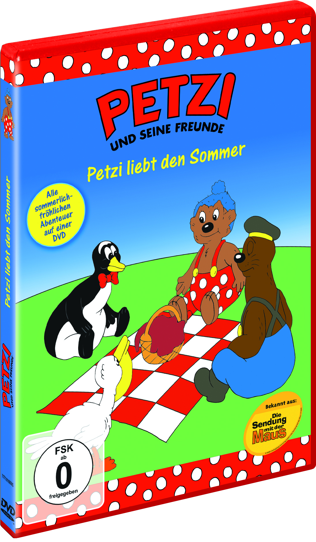 Filmcover. Petzi und Freunde bei einem Picknick. Titel: Petzi liebt den Sommer.