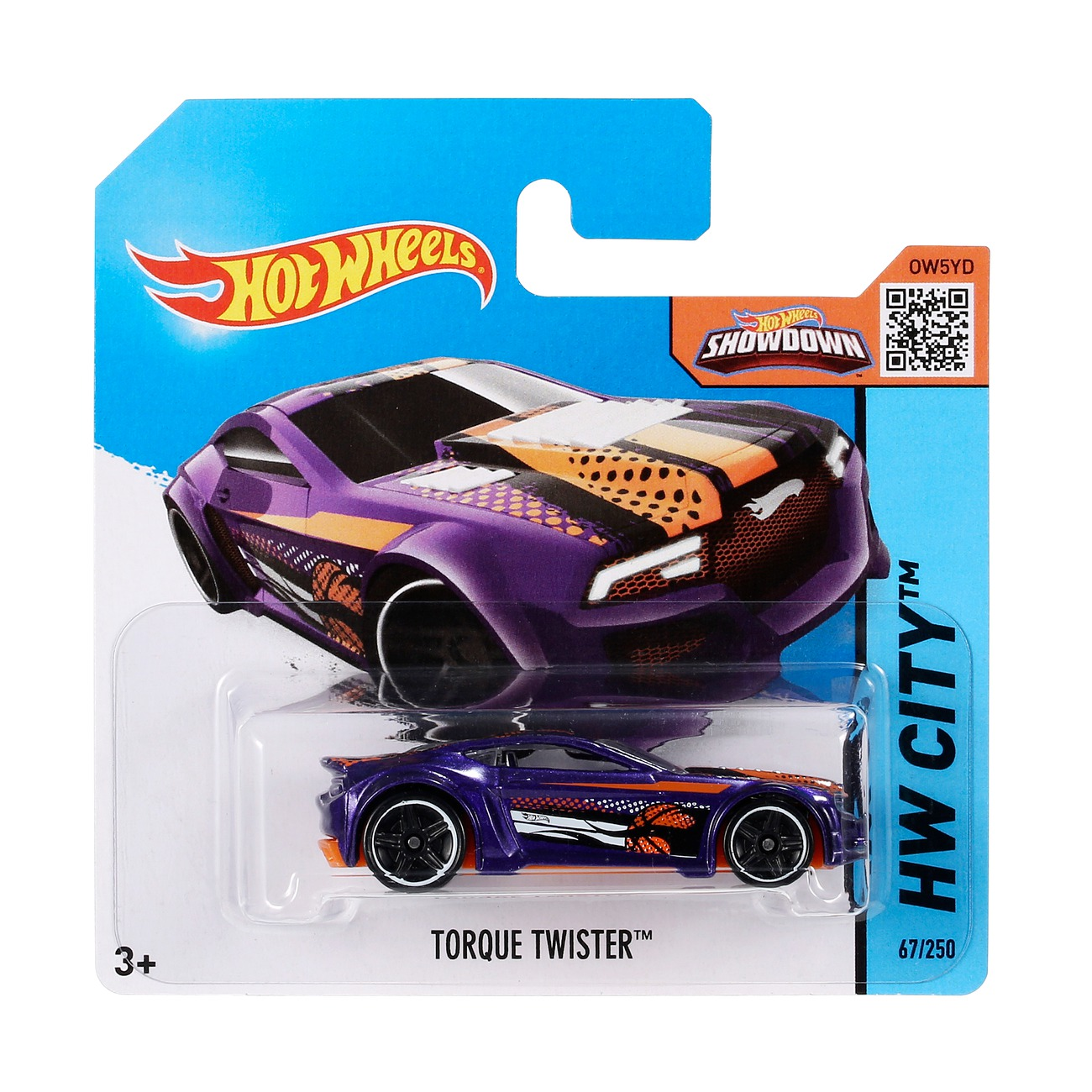 Hot Wheels Auto in einer Verpackung. Lila und orangefarbenes Auto. Blaues und weißes Paket.