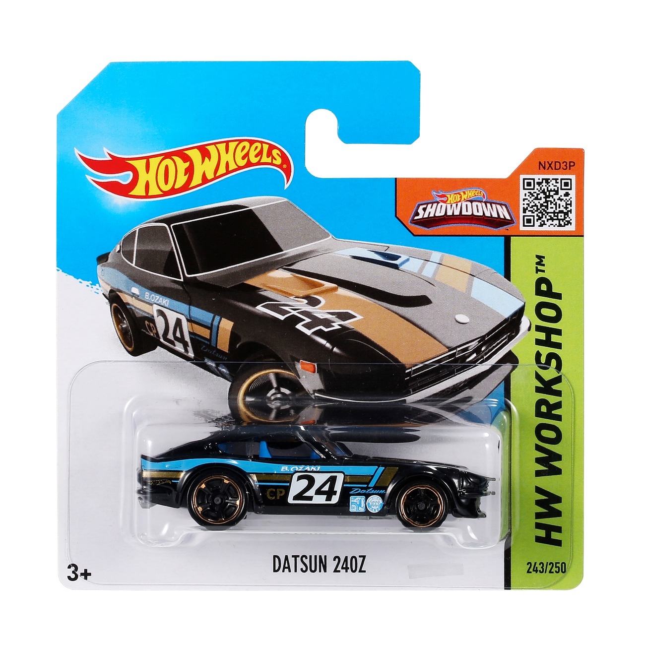 Hot Wheels-Autopaket. Schwarzes und blaues Auto mit goldenen Akzenten auf einer blau-grünen Karte, Modell Datsun 240Z.
