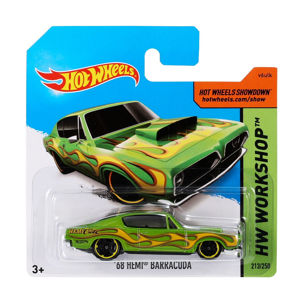 Hot Wheels-Autoverpackung. Ein grüner '68 Hemi Barracuda mit gelben Flammen und schwarzen Rädern. Blauer Hintergrund.
