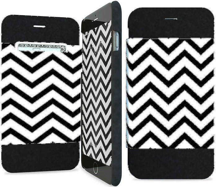 Drie telefoonhoesjes met een zwart-wit zigzagpatroon, waarvan één een portemonnee en telefoon toont.