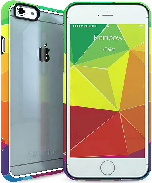 iPhone dans un étui aux couleurs de l'arc-en-ciel. L'écran affiche un design géométrique coloré.