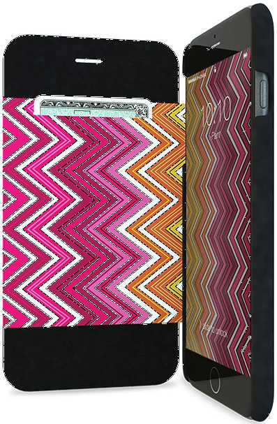 Un smartphone avec un étui noir et un étui portefeuille montrant un motif en zigzag rose et orange.
