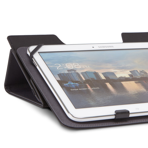Tablet in a case. The screen shows a cityscape with a river. Dark grey case and a black strap.
