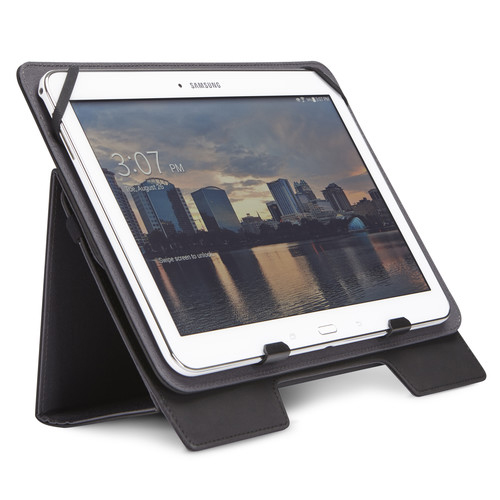 Tablet in a black case, propped up, with a cityscape background on the screen.