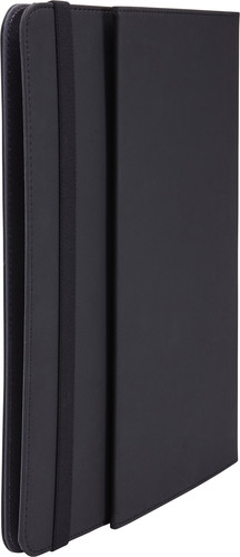 Black leather case with a black elastic band. It is closed. Side view.