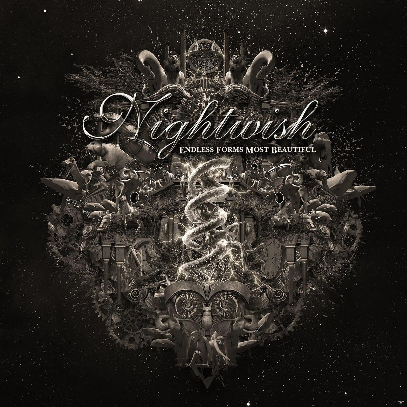 Nightwish-Albumcover. Abstraktes Bild mit aufwendigen Details und dem Titel "Endless Forms Most Beautiful".