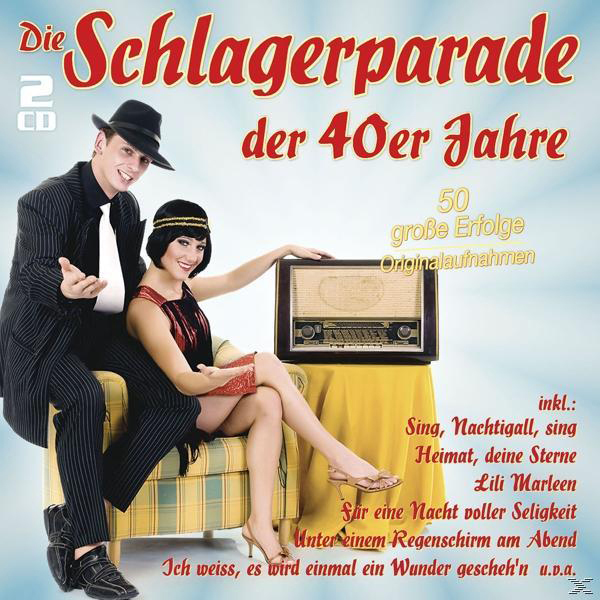 Albumcover mit Mann und Frau in Vintage-Umgebung, Titel 'Die Schlagerparade'.