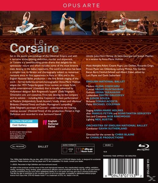 DVD-Hülle des Balletts 'Le Corsaire'. Mit Tänzern, Text und Details zur Theaterkulisse. Inklusive Besetzung und Crew.